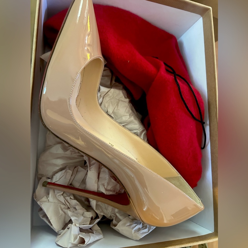 Christian Louboutin Nude Patent Pointed Toe Stiletto with Red Sole